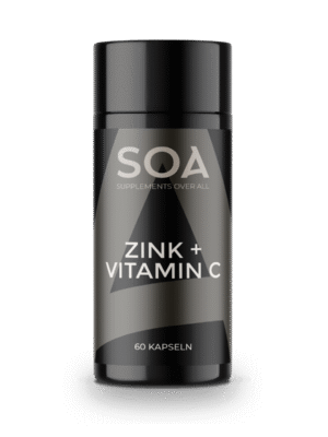 SOA Zink + Vitamin C – 60 Kapseln, neutrales Premium-Supplement im schwarzen Design; unterstützt Immunsystem und Zellschutz, verringert Müdigkeit, fördert normale Haut, Haare und Nägel, Vitamin C verbessert die Zinkaufnahme.