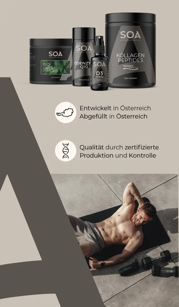 SOA Supplements Over All – österreichische Premium-Nahrungsergänzung, entwickelt und abgefüllt in Österreich, mit Athlet beim Workout