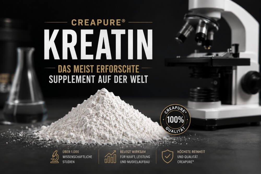Haufen Creapure Kreatin-Pulver neben einem Mikroskop im Labor-Design