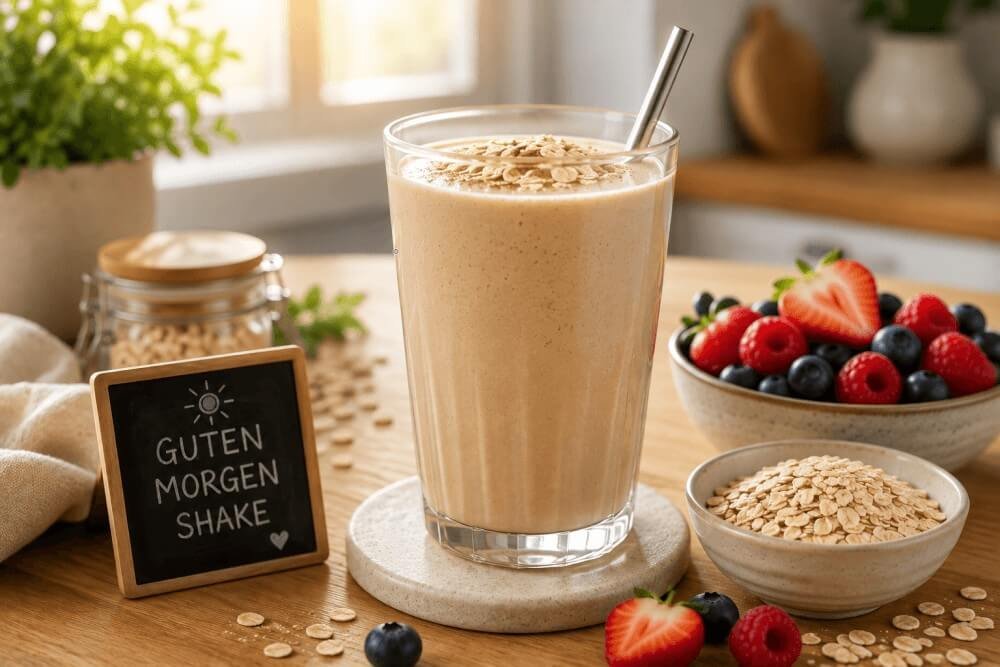 Cremiger Protein-Shake mit Haferflocken und frischen Beeren auf einem Holztisch
