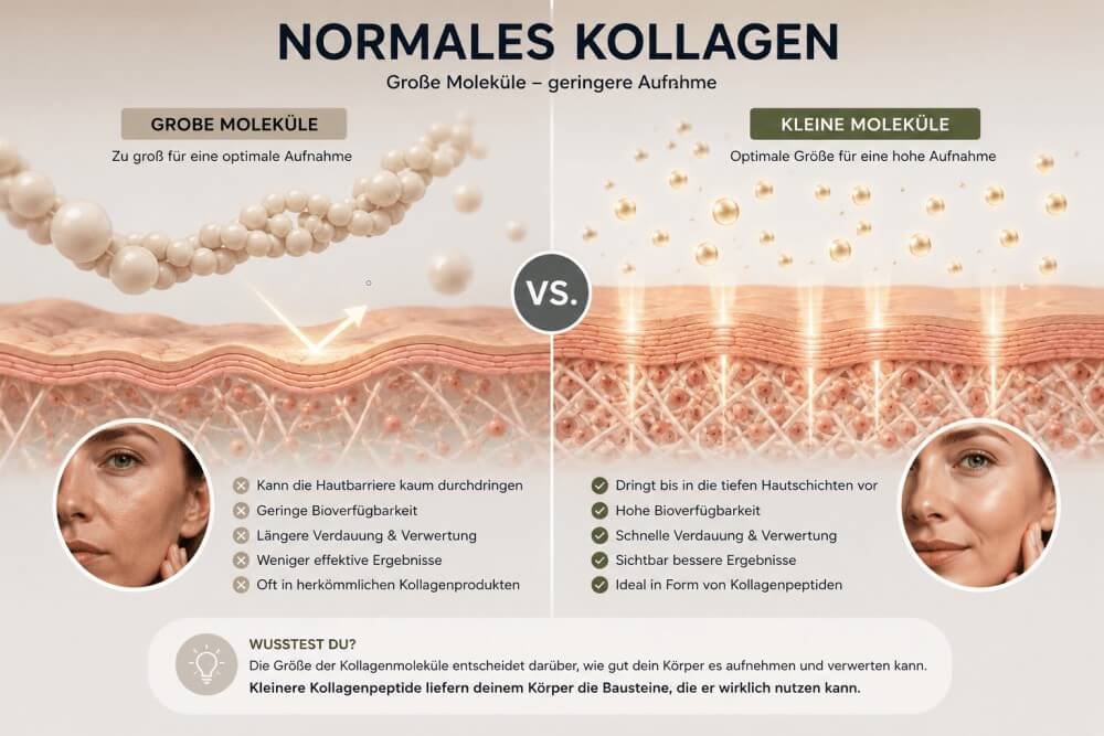 Infografik zur Wirkung und Aufnahme von großen Kollagen-Molekülen im Vergleich zu kleinen Kollagenpeptiden