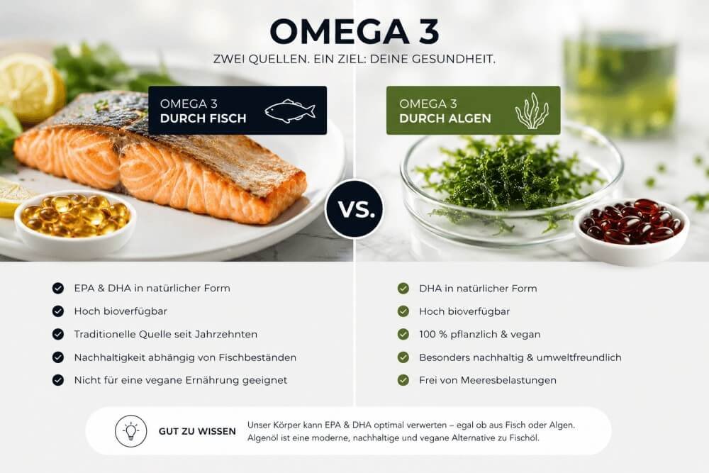 Infografik zum Vergleich von Omega-3-Fettsäuren aus Fischöl und pflanzlichem Algenöl
