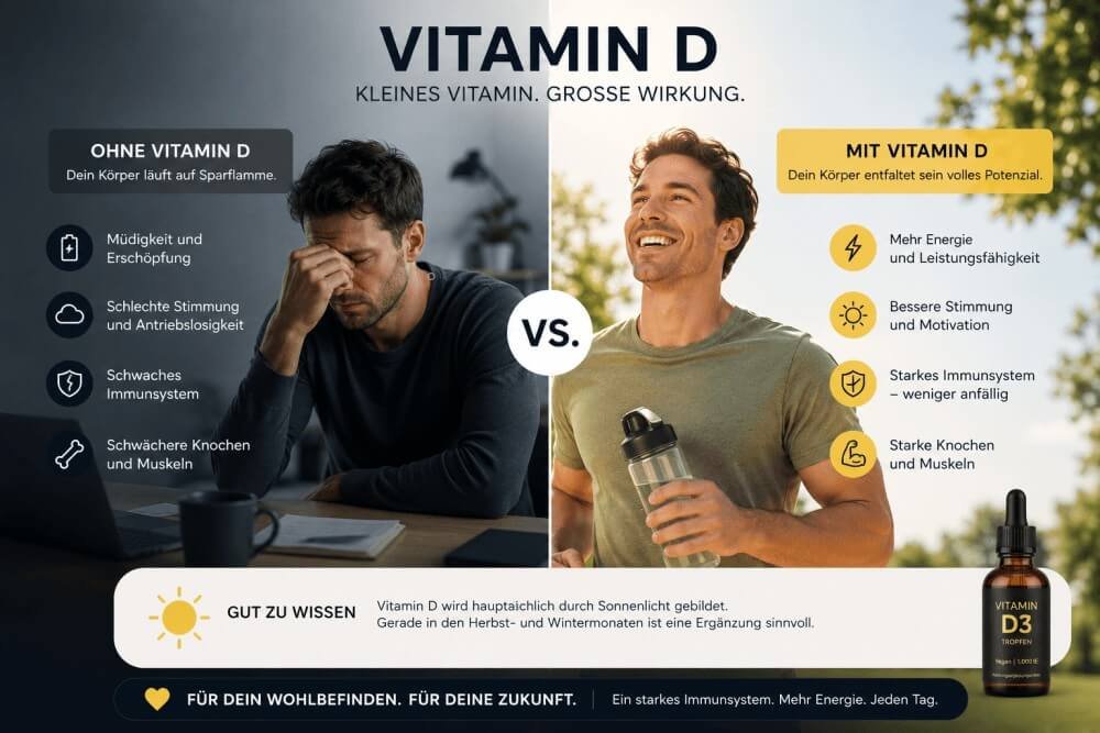 Infografik-Vergleich der Symptome bei Vitamin-D-Mangel gegenüber optimaler Energie mit Vitamin D3